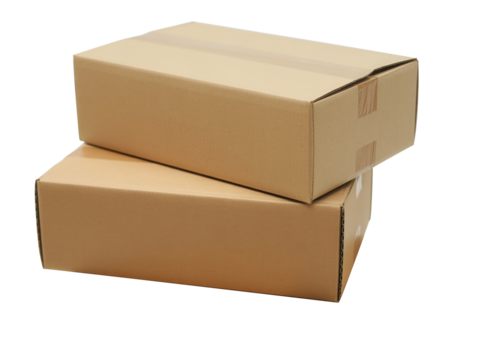 Two cardboard boxes stacked on top of each other isolated on transparent background the boxes are brown and rectangular, and they are closed and sealed with tape