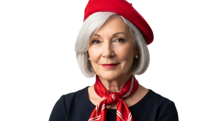 Elderly woman with red beret isolated on transparent background is looking elegant