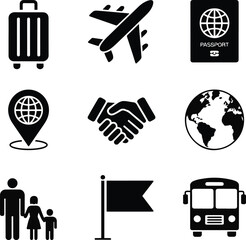 Travel and tourism icon set, black and white solid vector collection with airplane, luggage and passport symbols