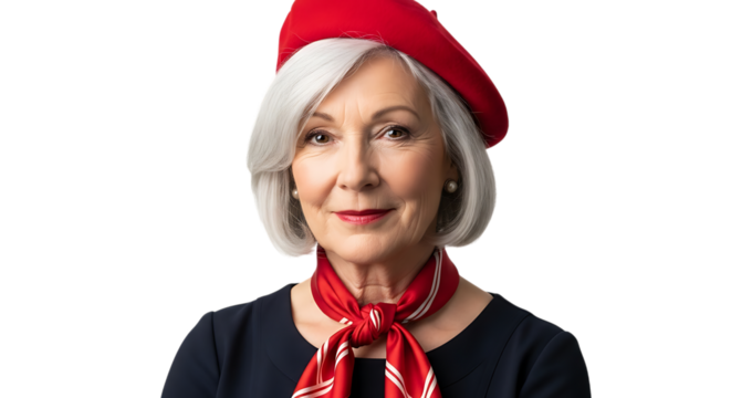 Elderly woman with red beret isolated on transparent background is looking elegant