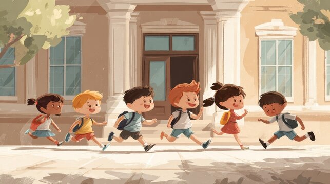group of elementary school children running outside at the end of the lessons happy school boys and girls running outside from school building finish school and summer vacation concept no logos no br