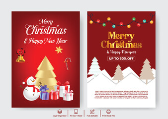 Christmas and New Year Holiday Party Poster and Flyer Template, Modern Christmas Brochure, leaflet for sale Discount Offer, Invitation Design with 3d snowman , giftbox, tree illustration