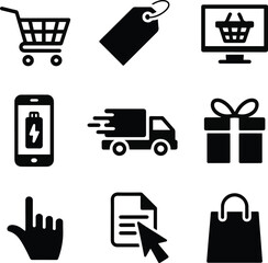 E-commerce icon set, black and white solid vector with shopping cart and delivery truck