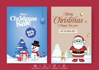 Christmas and New Year Celebration Editable A4 Print Ready Promotional Flyer Poster Template, Christmas sale discount brochure leaflet cover design with 3d snowman, Santa, tree illustration