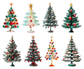 Fototapeta premium PNG Colorful vintage Christmas trees, element set on transparent background