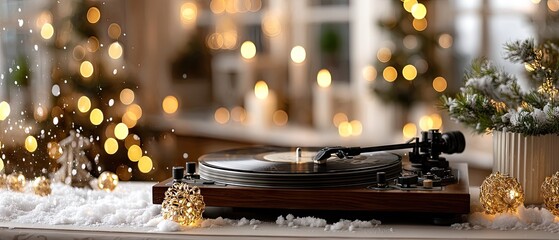 Music playing on a vintage turntable with snow and holiday decorations in a cozy room filled with Christmas lights and a festive atmosphere