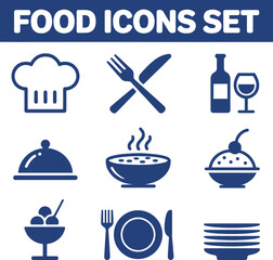 Food and restaurant solid icon set, blue minimal vector with dining and cooking symbols