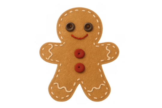 Gingerbread man felt decoration smiling, a cheerful christmas ornament for holiday celebration, isolated on transparent background