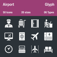 Airport glyph icons set. White solid travel and transportation icons including airplane, passport, pilot, boarding pass, luggage, gate, and departure clock. Flat design for aviation and tourism.