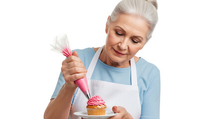 Senior woman decorating cupcake isolated on transparent background with pink frosting