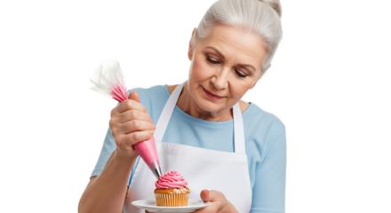 Senior woman decorating cupcake isolated on transparent background with pink frosting