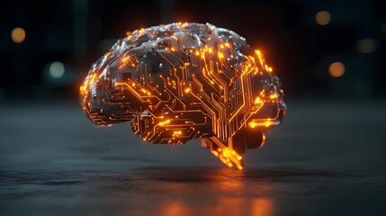 Glowing electronic brain displays intricate circuits and neural pathways.
