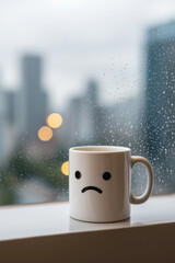 Sad Face Coffee Mug on a Rainy Day by a Window