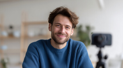 Friendly young man smiling in modern setting with camera nearby