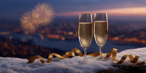 Celebration Toast with Champagne Glasses and Fireworks at Dusk