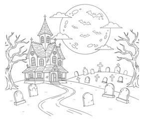 Obraz premium Haunted House and Graveyard Art Line Drawing with Bats – Halloween Vector Illustration