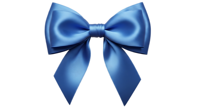 A single blue satin ribbon tied into a decorative bow against a plain black background image view