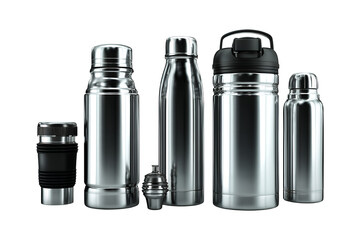Collection of modern stainless steel water bottles and canteens with various lids presented uniformly for commercial use isolated on transparent background