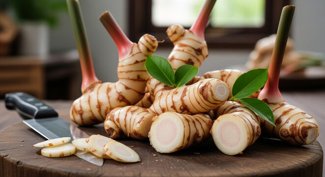 galangal on a wooden cutting board - Powered by Adobe
