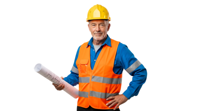 Smiling construction worker holding blueprints isolated on transparent background