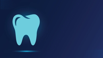 Abstract glowing cyan molar tooth icon symbolizing oral health and modern dentistry. Set against a dark blue background with digital dots and ample copy space. Ideal for medical banners, technology