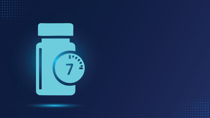 Neon Blue Icon of Medication Bottle and 7-Day Timer on Dark Technology Background.