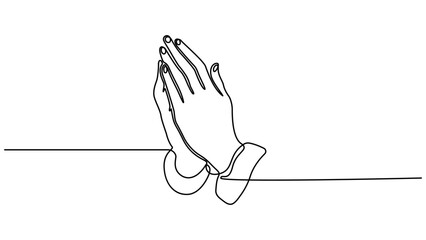 One line drawing praying hand worship religious vector illustration template design, Minimalist continuous one line drawing of praying hands, Hand in Praying position, Editable outline.