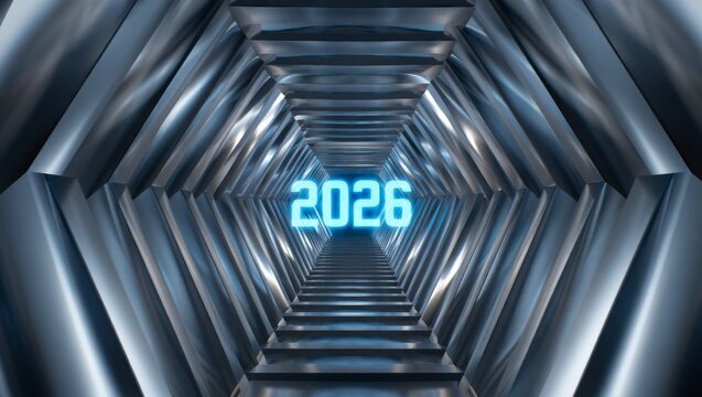 Futuristic tunnel to 2026 with glowing blue neon sign, representing future technology and innovation for commercial use