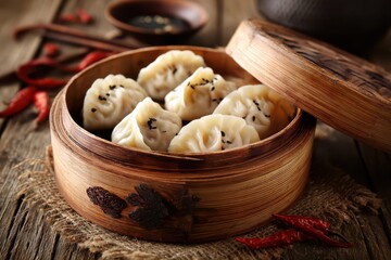 Fototapeta premium Steamed dumplings dim sum in bamboo steamer