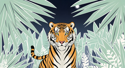 Vector illustration of a powerful tiger staring from a dense tropical jungle under the light of a full moon