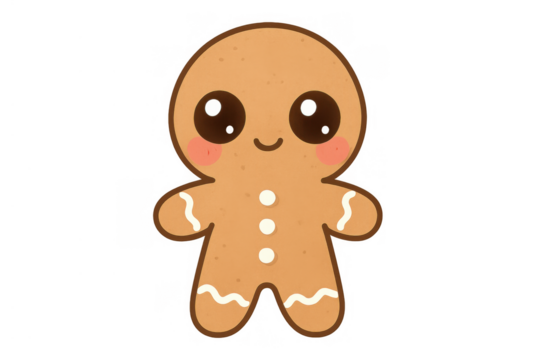 Cute smiling gingerbread cookie character with pink cheeks and frosting details, holiday season dessert, transparent background