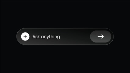Ask Anything glassmorphism icon on black background — modern dark mode UI design with glowing blue glass effect, AI chat and question concept illustration for app, web, and technology interface.
