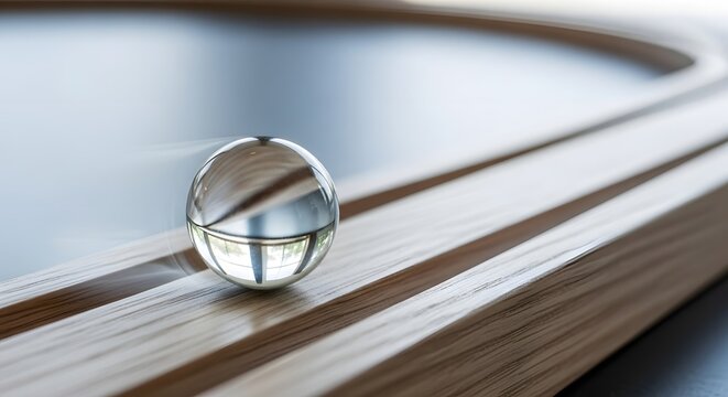 Metal ball bearing on wooden track close up abstract still life macro photography concept stock image