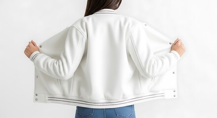 Rear view of a person wearing a stylish white bomber jacket, holding it open to reveal the interior, against a clean white background.