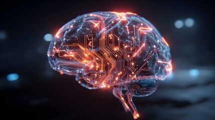 Digital brain illuminated with glowing circuitry and connections.