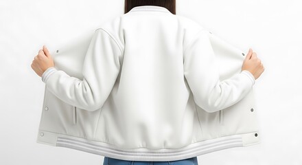 Back view of a person wearing an open white bomber jacket, showing the inner lining.