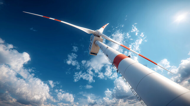 An extreme low-angle (worm's-eye view) shot of a massive white wind turbine with a distinctive red stripe