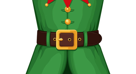 Vector  close up of a green elf costume with a brown belt and gold buckle and buttons on the outfit