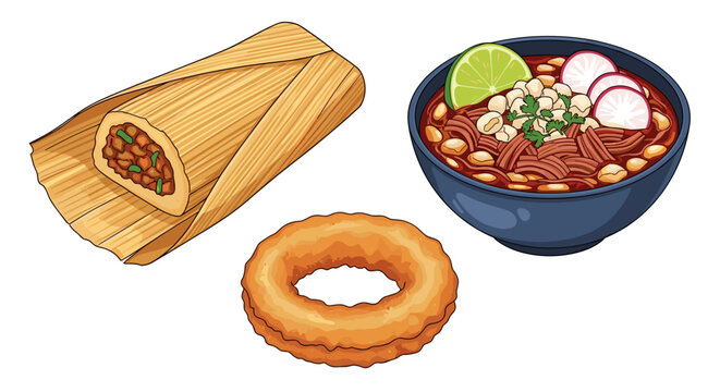 Vector  illustration of a tamale in husk, pozole in a bowl, and a donut on a plain surface view