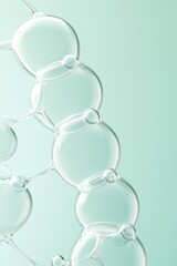 Clear liquid spheres interconnected, forming a delicate molecular chain pattern against a soft green backdrop, illustrating microscopic biological structures.