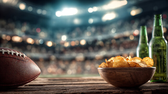 American football game day scene with beer bottles, snacks and a football on a wooden table in a stadium environment.