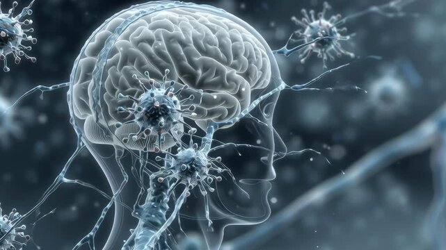 A brain with a bunch of viruses surrounding it. The brain is surrounded by a lot of viruses, and it looks like it's being attacked