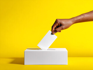 Hand casting a ballot into a voting box on a bright yellow background, symbolizing democracy, elections and civic participation.