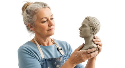 Senior woman sculpting a head isolated on transparent background