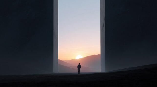 Silhouette halts in sunrise light, Journeyer rests as sunrise paints sky, Wanderer ceases movement during early morning brightness of dawn