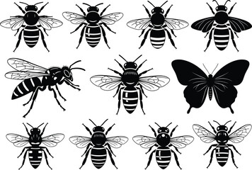 Bee and butterfly silhouette vector illustration, detailed insect icons collection, black and white flying insect design for nature, honey, and pollination themes