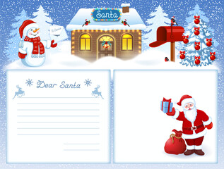 Letter to Santa Template with Wish List and cartoon funny Santa Claus and Snowman with Christmas Envelope against winter forest background with Santa's workshop house.