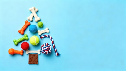 Colorful assortment of pet toys arranged in the shape of a Christmas tree on a bright blue background, showcasing playful and festive elements for pets during the holiday season