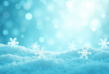 Naklejka premium Snowflakes gently resting on a soft, fluffy blanket of snow, illuminated by a serene blue background with shimmering bokeh lights creating a tranquil winter atmosphere