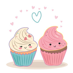 Colorful kawaii cupcakes with hearts and smiling faces vector